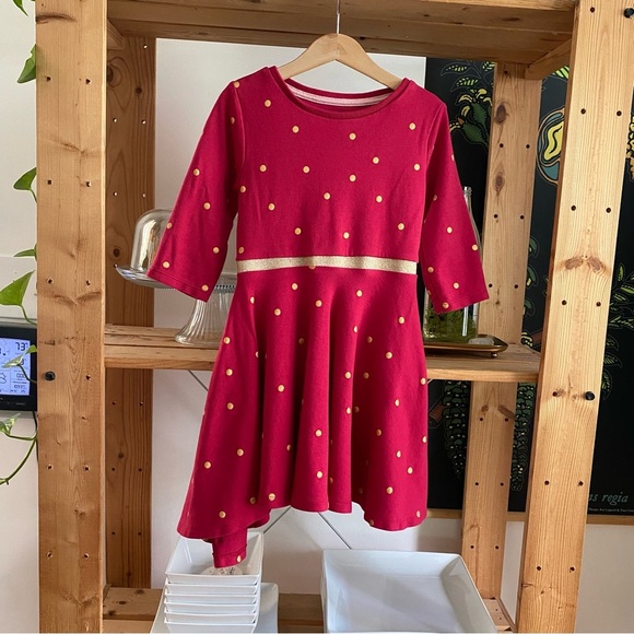 Mini Boden Red Gold Dot Long Sleeve Asymmetrical Dress 5t - Picture 2 of 11